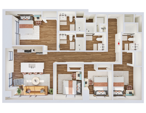 Modern apartment floor plan showcasing three spacious bedrooms, a sleek open-concept living and dining area, and a stylish kitchen with island seating, complete with elegant hardwood flooring and ample natural light.