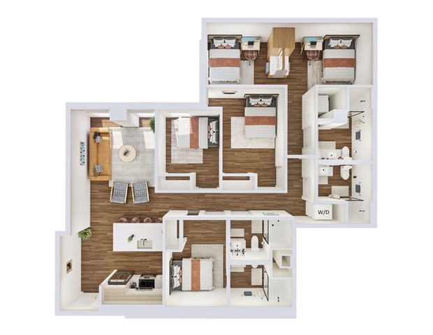 Contemporary 3D floor plan showcasing a spacious layout with three bedrooms, a modern open kitchen, and a stylish living area, perfect for comfortable family living.