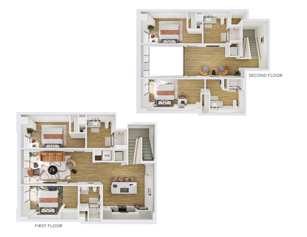 Modern two-story floor plan featuring 3 spacious bedrooms, an open-concept living and dining area, sleek kitchen, and stylish bathrooms, designed for comfort and elegance.
