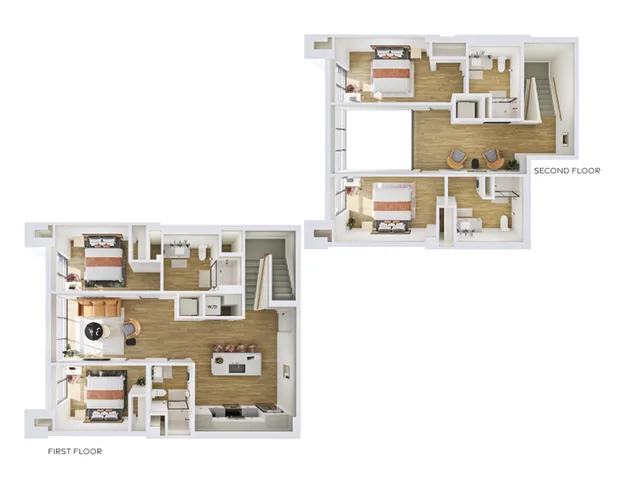 Modern dual-level floor plan with three bedrooms and open living spaces, featuring a stylish kitchen and cozy sitting areas.