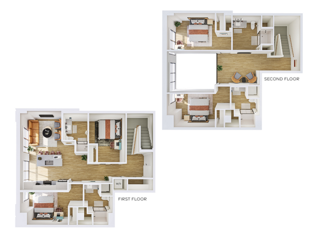 Charming two-story floor plan featuring a modern first-floor living area with open kitchen and two cozy bedrooms. The second floor offers additional bedrooms and inviting living space.