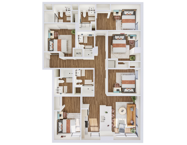 Modern floor plan showcasing 4 bedrooms, 3 bathrooms, an open-plan kitchen with island, and a cozy living area.