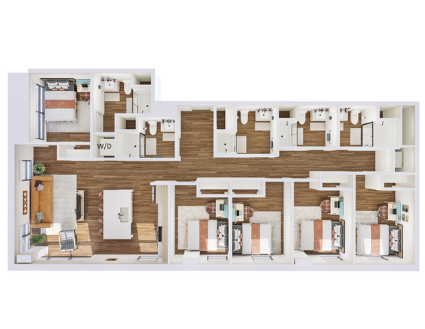 Elegant floor plan showcasing a spacious apartment with 3 bedrooms, open-concept living area, modern kitchen, and multiple bathrooms. Ideal for comfortable and stylish living.