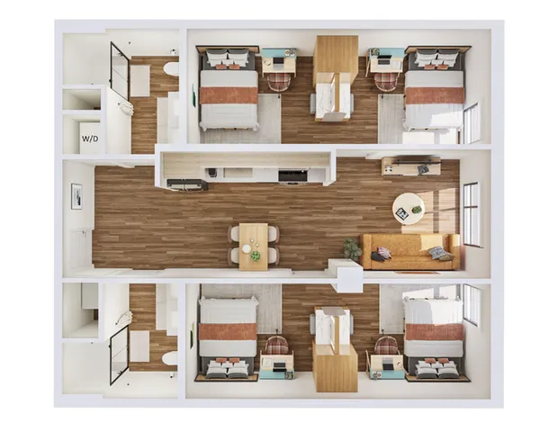 Modern floor plan showcasing a 3-bedroom layout with a spacious living area, contemporary kitchen, and elegant dining space, ideal for stylish urban living.