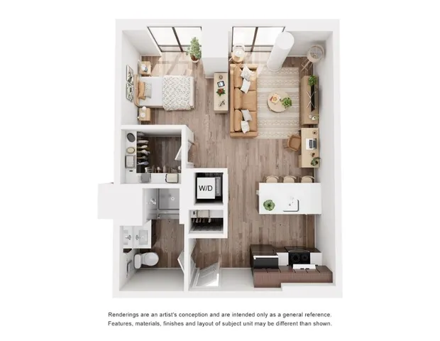 Contemporary floor plan featuring one bedroom, open living space, and a stylish kitchen with a bright and airy design.