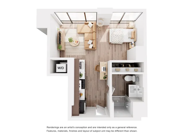 Modern apartment floor plan featuring an open-concept living area, cozy bedroom, sleek kitchen, and convenient in-unit washer and dryer.