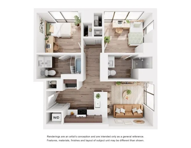 Modern 3D apartment floor plan featuring 2 bedrooms, 2 stylish bathrooms, open-concept living and dining area, contemporary kitchen, and in-unit laundry.