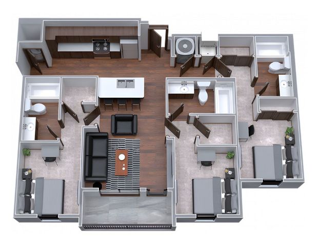Modern 3D floor plan showcasing 3 bedrooms, open-concept living and dining area, and stylish kitchen with island seating.