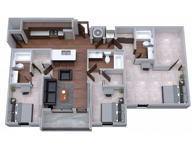 Modern 3D floor plan featuring three spacious bedrooms, open-concept living and dining area, sleek kitchen with island, and two elegant bathrooms.