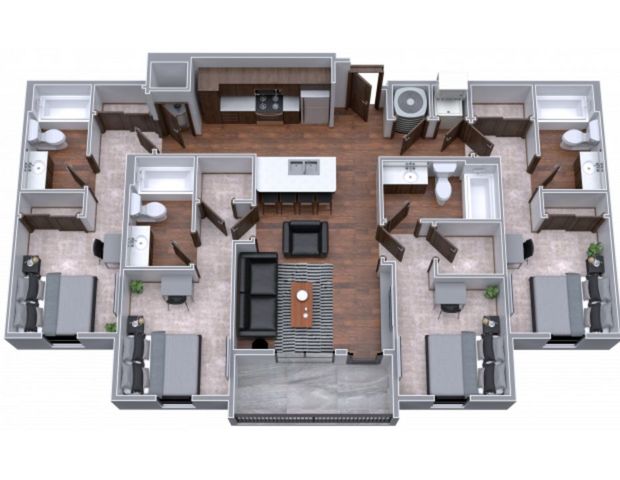 Sophisticated 3D floor plan showcasing a modern apartment with 3 bedrooms, 2 bathrooms, an open-concept living area, and a sleek kitchen with island seating.