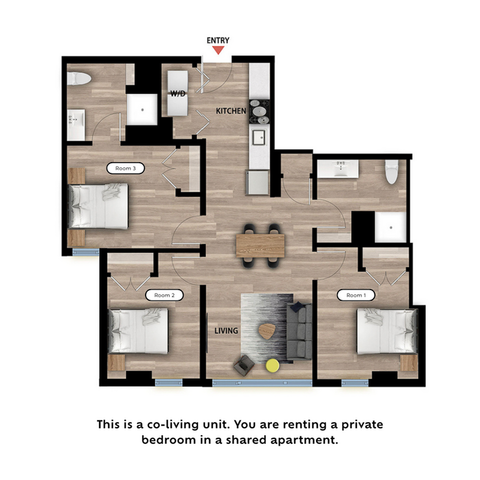 Contemporary 3-bedroom apartment floor plan with open kitchen and living area, featuring modern layout and wood flooring.