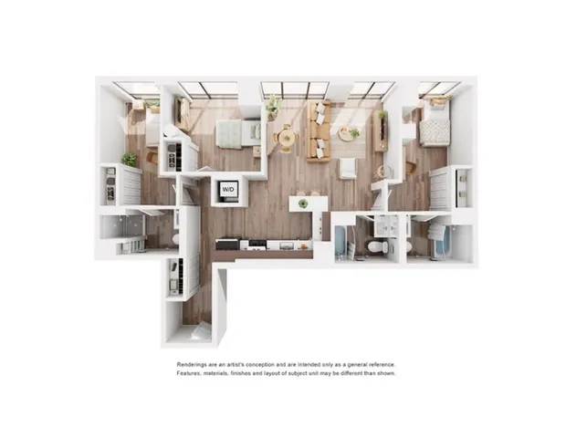 Modern 3D floor plan with two bedrooms, open living area, and sleek kitchen, featuring natural light and contemporary design.