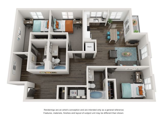 3D floor plan showcasing a modern apartment with two bedrooms, a cozy living area, and an open kitchen.