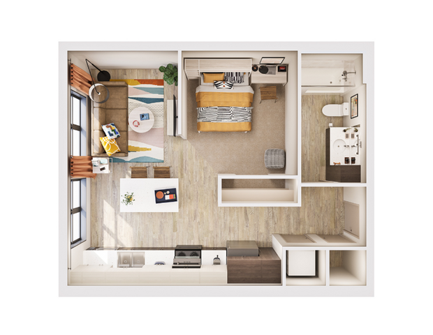Inviting 3D floor plan showcasing a cozy one-bedroom apartment with an open-concept living area, modern kitchen, and sleek bathroom. Only 1 spot left for this desirable layout!