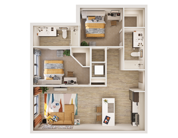 The Davy B1 Modern 2D floor plan showcasing 3 stylish bedrooms, an inviting open-concept living area, and a sleek kitchen. Full units available.