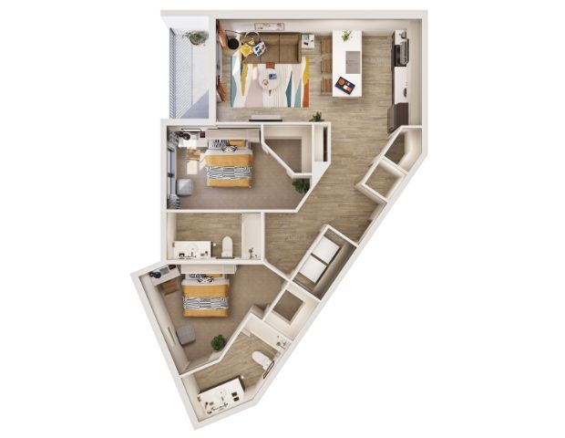 Modern floor plan showcasing 3 full units with open living space, stylish kitchen, and two cozy bedrooms.