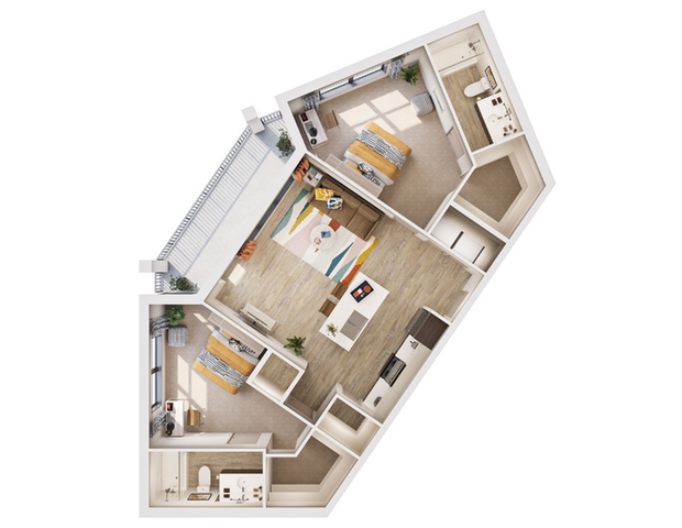 Chic floor plan showcasing 1 full unit with 3 bedrooms, spacious open living area, modern kitchen, and two bathrooms, perfect for stylish living.