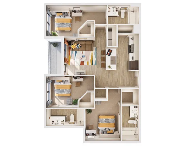 Inviting floor plan showcasing a modern 3-bedroom layout with a cozy living room and a sleek kitchen, featuring 2 well-appointed bathrooms and a private balcony. Only 1 spot left!