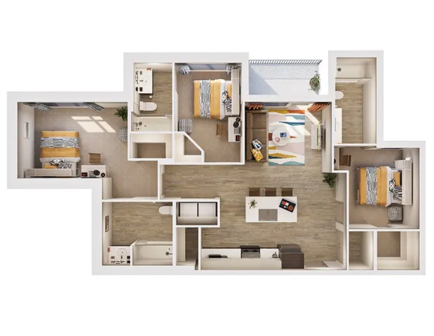 Modern and vibrant 3-bedroom apartment floor plan with open living space, stylish kitchen, and balcony access.