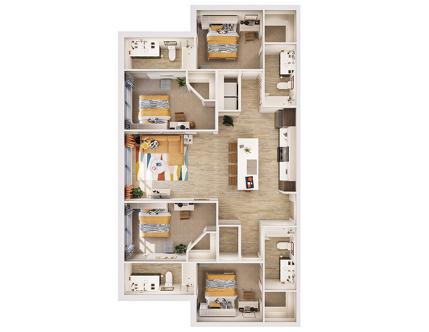 Modern 3D floor plan showcasing 5 bedrooms with private bathrooms, a spacious kitchen with island, and an inviting living area with limited availability.