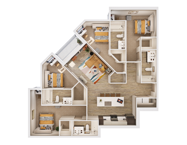 Contemporary 4-bedroom floor plan with open living area, modern kitchen, and private balcony; limited availability.