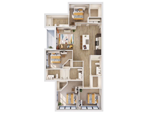Modern 3D floor plan featuring 4 bedrooms, an inviting open kitchen and living area, and two stylish bathrooms. Limited availability.