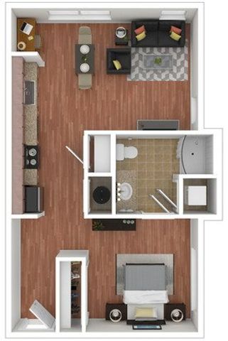 Chic 2D floor plan showcasing an open living room, modern kitchen, spacious bedroom, and elegant bathroom.