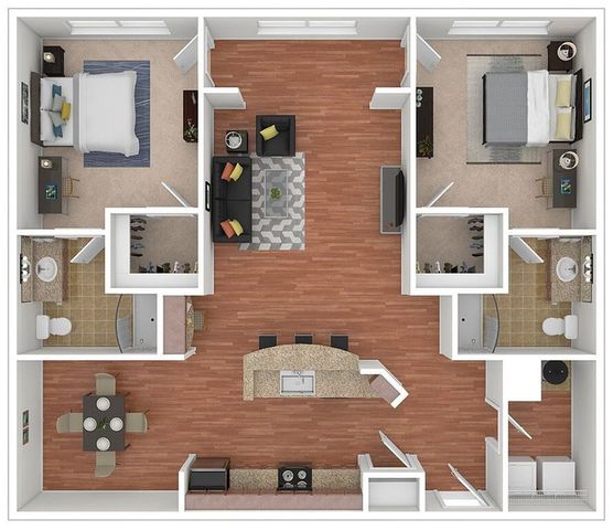 Elegant 2-bedroom floor plan featuring an open-concept living and dining area, spacious kitchen with island, and two modern bathrooms.