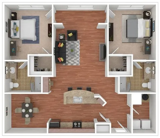 Charming floor plan showcasing 2 spacious bedrooms, modern open kitchen, and cozy living area with hardwood flooring.