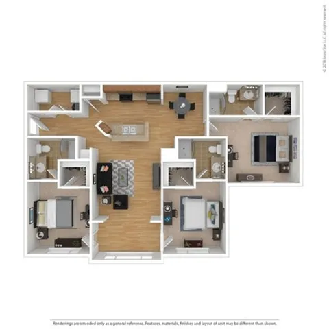 Modern 3D apartment floor plan with 3 bedrooms, an open-concept living area, sleek kitchen, and cozy bathrooms.