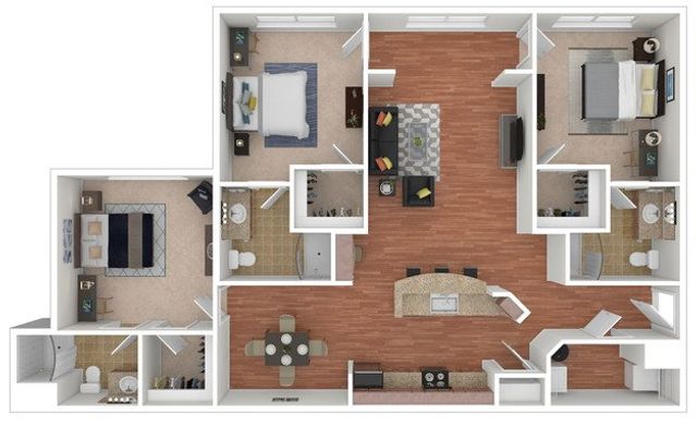 Elegant 3D floor plan with 2 spacious bedrooms, an inviting living room, open kitchen with island, and modern bathrooms. Perfect for contemporary living.