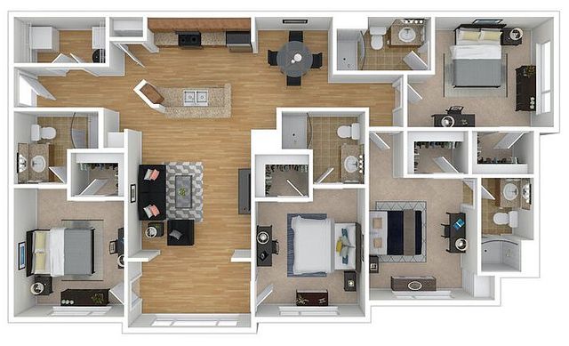 Spacious apartment floor plan featuring 3 bedrooms, 2 bathrooms, an expansive living room, modern open kitchen, and cozy dining area.