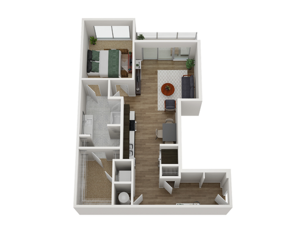 Modern 3D floor plan showcasing a spacious one-bedroom apartment with an inviting open-concept living area, stylish kitchen, and private balcony.