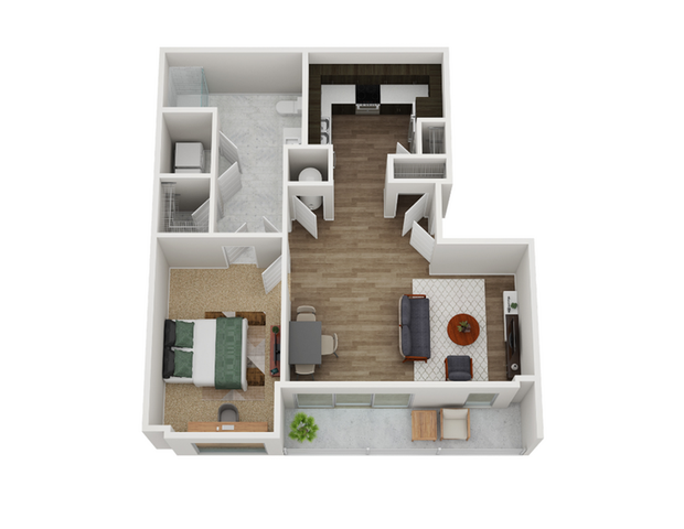 Charming 3D floor plan showcasing a stylish 1-bedroom apartment with an inviting open-concept living and dining area, modern kitchen, and a private balcony.