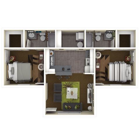 Elegant 3D floor plan showcasing 2 cozy bedrooms, an inviting open-concept living space, and a modern kitchen. Features two luxurious bathrooms and a stylish dining area, perfect for comfortable living.