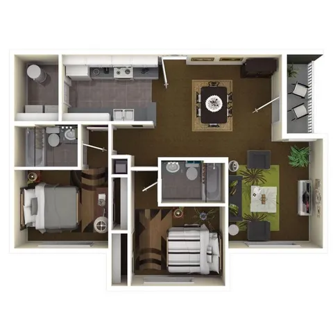 Modern apartment floor plan with two spacious bedrooms, two stylish bathrooms, an elegant dining area, cozy living room, and a sleek kitchen layout.