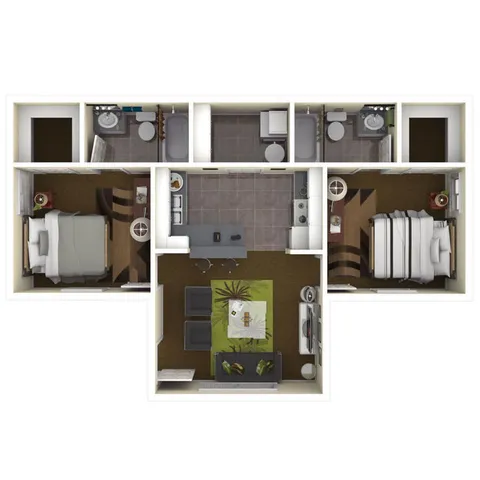 Modern floor plan showcasing two cozy bedrooms, a sleek kitchen with island seating, and a comfortable living area, complemented by two elegant bathrooms.