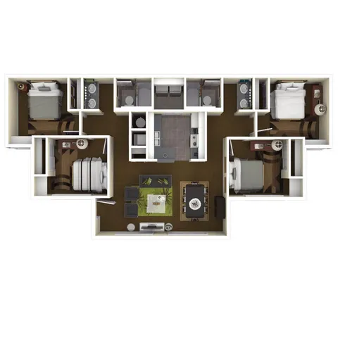 Modern 3-bedroom apartment floor plan with spacious living area, open kitchen, and three bathrooms, offering an inviting and functional layout.
