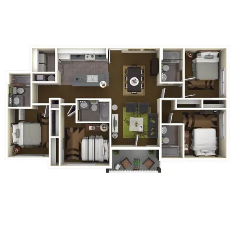 Modern floor plan featuring 3 cozy bedrooms, an inviting open-concept living and dining area, a sleek kitchen, and two well-appointed bathrooms, complemented by a charming balcony.