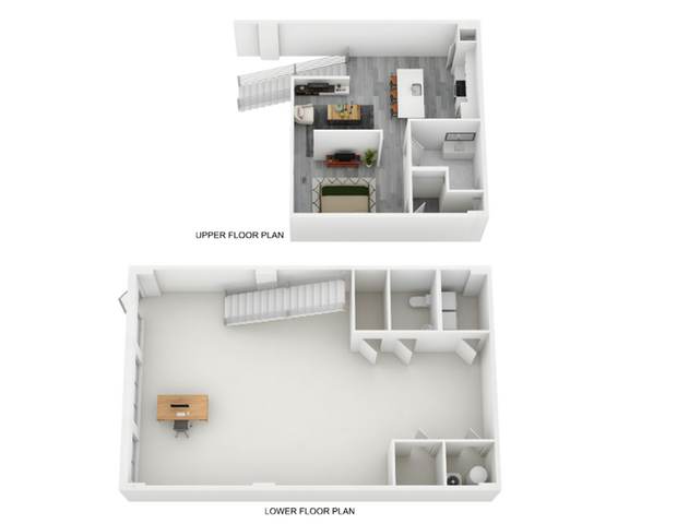 Modern two-story floor plan with upper level featuring a cozy living room, stylish kitchen, and intimate bedroom; lower level includes an open workspace and convenient bathroom facilities.