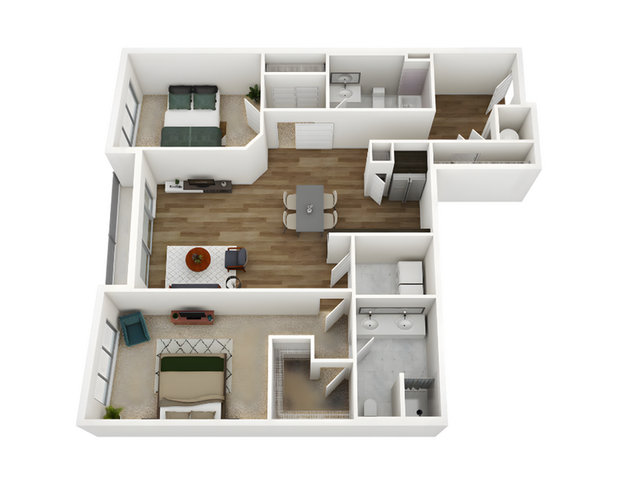 Modern 3D floor plan featuring 2 spacious bedrooms, an open-concept dining area, and stylish living room, ideal for comfortable living.
