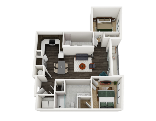 Modern 3D floor plan showcasing 2 bedrooms, open-concept living and dining area, and a cozy kitchen layout.