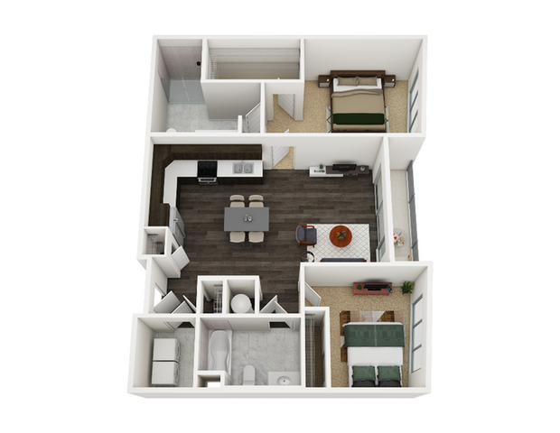 Chic 3D floor plan showcasing a modern apartment with two bedrooms, a deluxe kitchen, and an open living space.