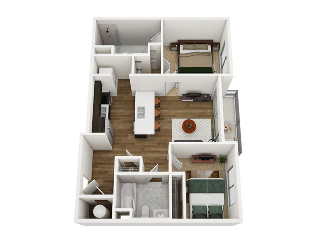 Chic 3D floor plan featuring two cozy bedrooms, a modern open-plan kitchen with island seating, and a spacious living area leading to a private balcony.