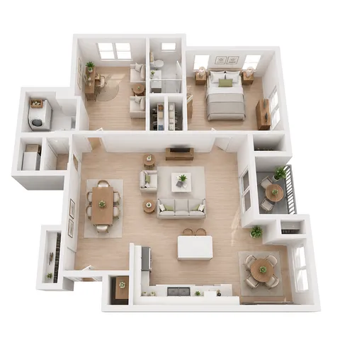 Modern 3D floor plan showcasing 2 bedrooms, an open living space, dining area, and sleek kitchen with an island, perfect for contemporary living.