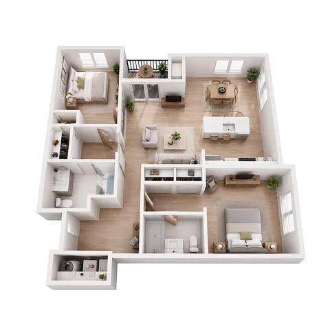 Inviting 3D floor plan showcasing 2 bedrooms, modern kitchen, cozy living area, and balcony, ideal for comfortable living.