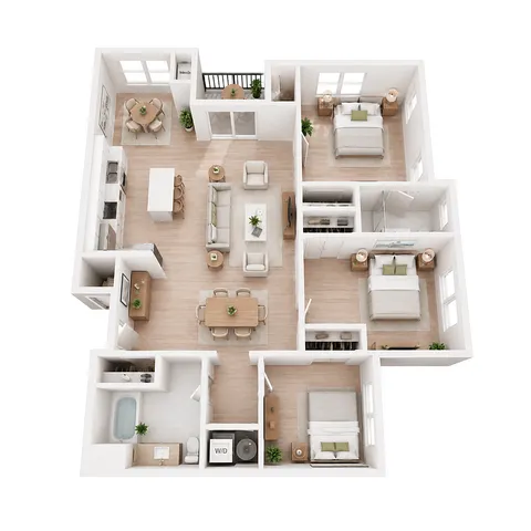 Spacious 3D floor plan of a modern apartment featuring three bedrooms, an open-concept living and dining area, and a sleek kitchen. Ideal for comfortable living, showcasing bright interiors and efficient use of space.