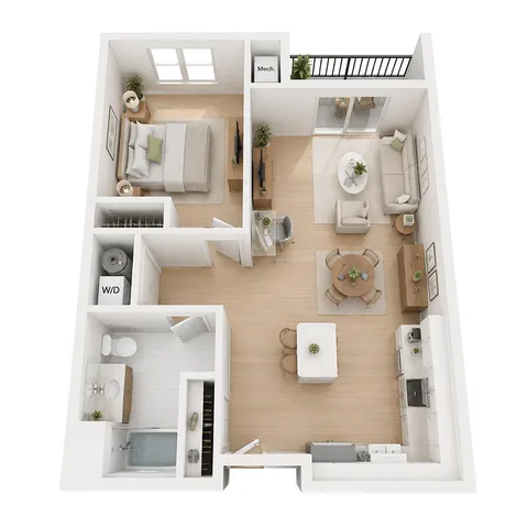 Elegant 3D floor plan showcasing a modern one-bedroom apartment with an open-concept living and dining area, sleek kitchen, and a cozy balcony.