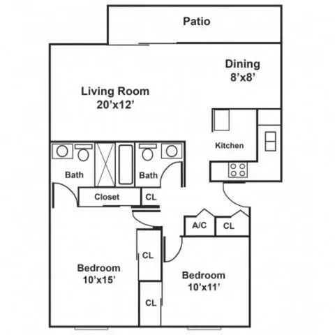 Charming 2-bedroom apartment floor plan with spacious living room, modern kitchen, cozy dining area, and a delightful patio.