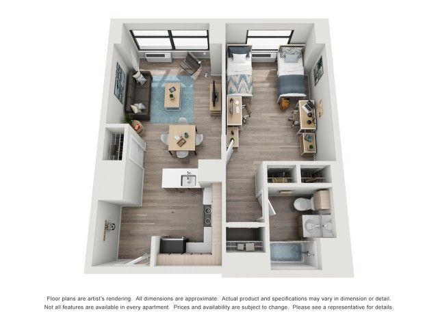 Contemporary 3D floor plan illustrating a bright and cozy apartment with two bedrooms, a chic open living and dining area, and a modern kitchen.